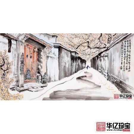 何文铮四尺横幅人物画《遛早》