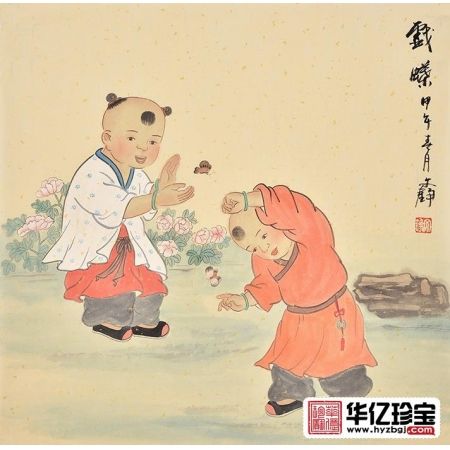 何文铮风俗人物画作品系列《戏碟》 儿童房装饰画