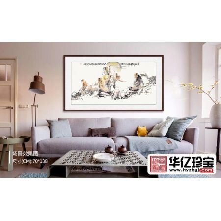 单吉牛四尺横幅人物画作品《听琴图》