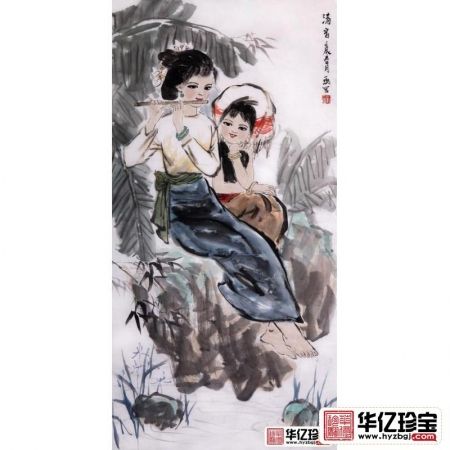 刘一鸣四尺竖幅人物画作品《清音》 风俗人物画