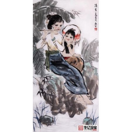 刘一鸣四尺竖幅人物画作品《清音》 风俗人物画