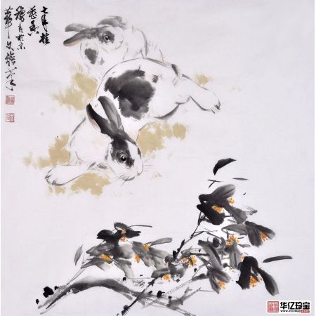 王文强四尺斗方动物画作品兔子《七月桂花香》