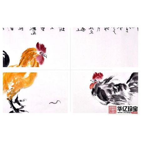 孙伟四尺横幅动物画雄鸡《教子图》