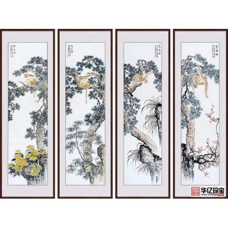 金猴献瑞图 张金凤国画动物画封侯图系列《金猴四条屏》