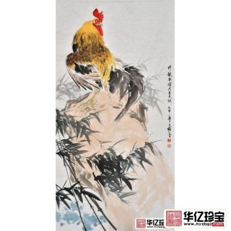 工笔生肖图 王文强四尺竖幅动物画 鸡《竹报平安大吉大利》