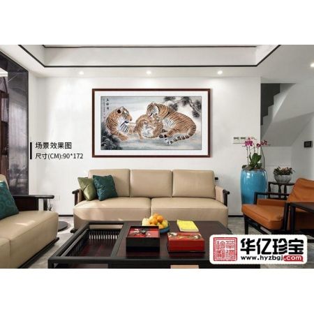 “博逸轩主”肖亚威六尺横幅经典动物画工笔虎《五福图》