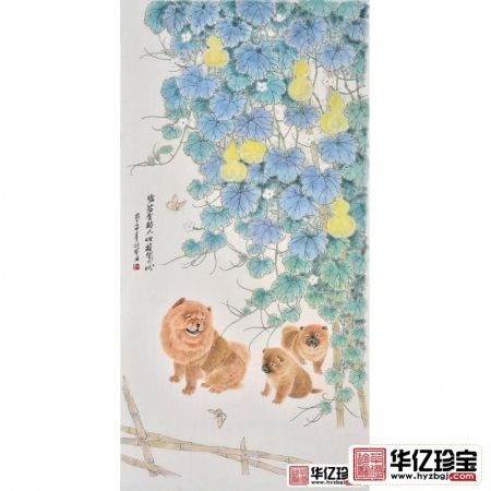 玄关挂画 羽墨四尺竖幅动物画 狗《墟落有归人 烟萝闻犬吠》