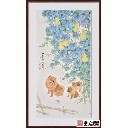 玄关挂画 羽墨四尺竖幅动物画 狗《墟落有归人 烟萝闻犬吠》