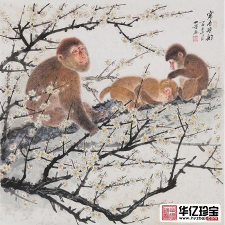 玄关挂画 羽墨斗方工笔动物画 猴《寒香雅韵》