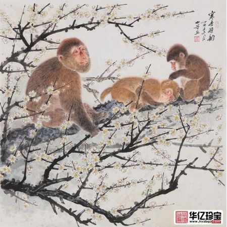 玄关挂画 羽墨斗方工笔动物画 猴《寒香雅韵》