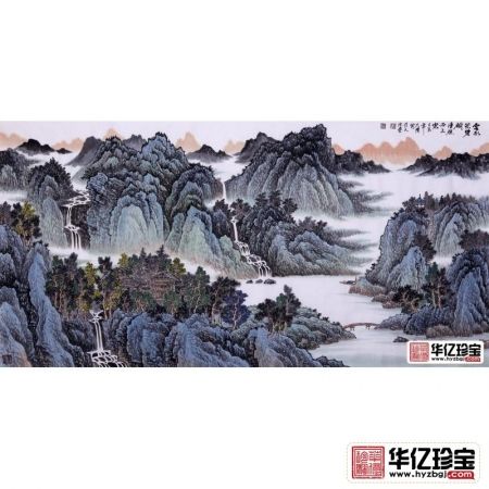 画坛黑马吴大恺四尺横幅山水画作品《云水笼碧树》