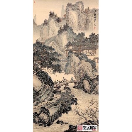 精品仿古画 林德坤四尺竖幅国画《春山游骑图》