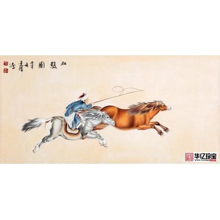 国画骏马图 王建辉四尺横幅工笔动物画《双骏图》