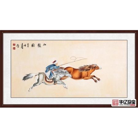 国画骏马图 王建辉四尺横幅工笔动物画《双骏图》