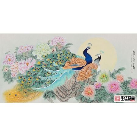 王一容工笔花鸟画孔雀牡丹图《花好月圆 富贵呈祥》