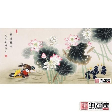 国家一JI美术师张洪山新品荷塘鸳鸯图《荷塘听雨》