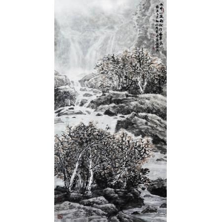 程振国《山中一夜雨，树杪百重泉》136×68cm