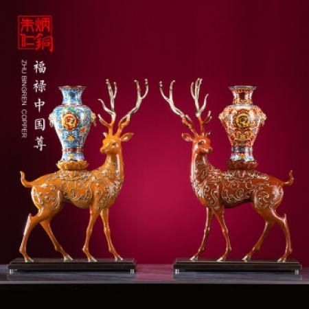 朱炳仁铜 福禄中国尊铜鹿客厅玄关摆件 福禄中国尊（红瓶）