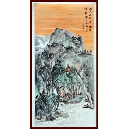 贺兰山画派创始人 山水画家何占福《松门山半寺》8平尺竖幅巨作