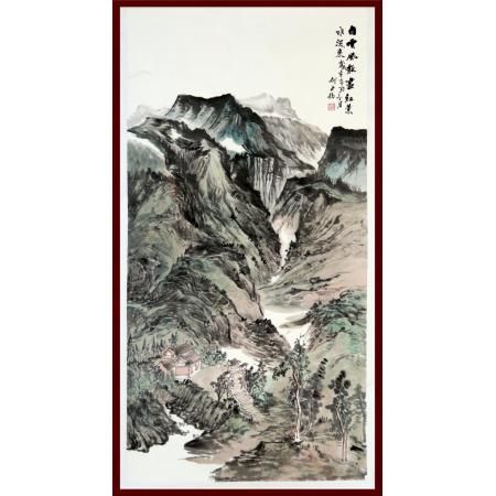 贺兰山画派创始人 山水画家何占福《白云风散尽 红叶水流来》8平尺竖幅巨作