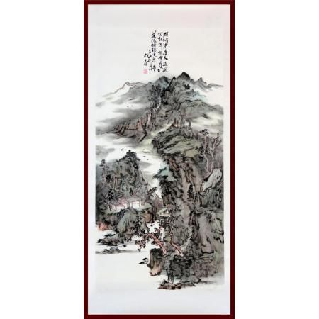 贺兰山画派创始人  山水画家 何占福《群峭碧摩天》8平尺竖幅巨作