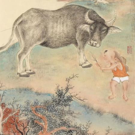 胡生旺 牛挂画手绘国画客厅茶室四条屏画四联画名家字画真迹