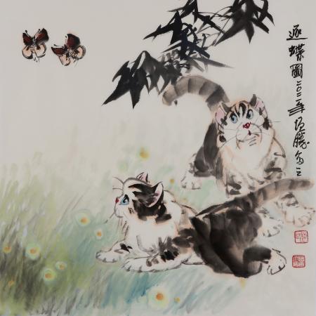 陈增胜4平尺花鸟作品《逐蝶图》