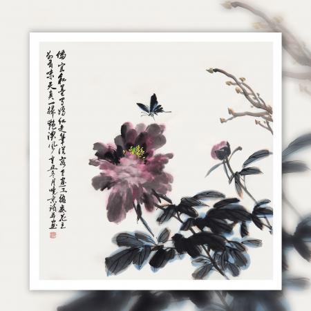 郑晓京写意花鸟画斗方《牡丹》