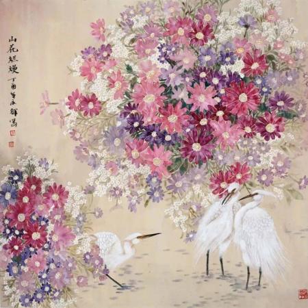 周永辉4平尺花鸟作品《山花烂熳》