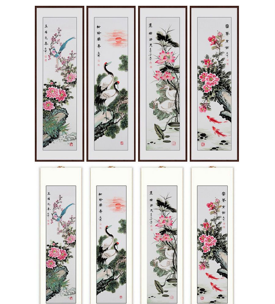 国礼书画家石开ZUI新花鸟四条屏《春夏秋冬》