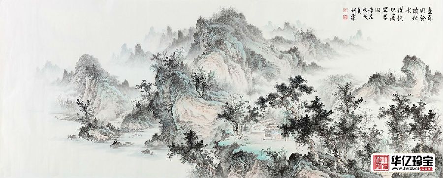 李佩锦写意山水画《意气风发读秋水 襟怀坦荡坐春风》