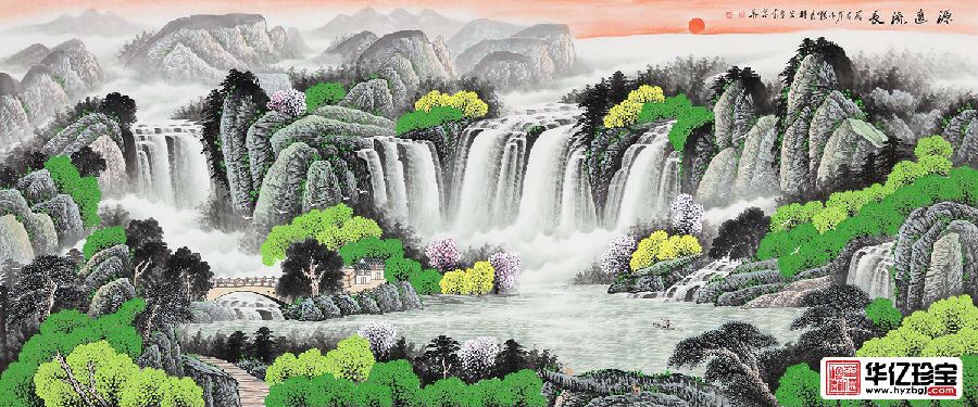 春色山水画 李林宏新品风水画聚宝盆《源远流长》