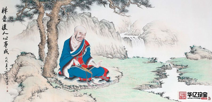 典藏国画 吴大恺真迹手绘山水画《禅音渡人心事成》