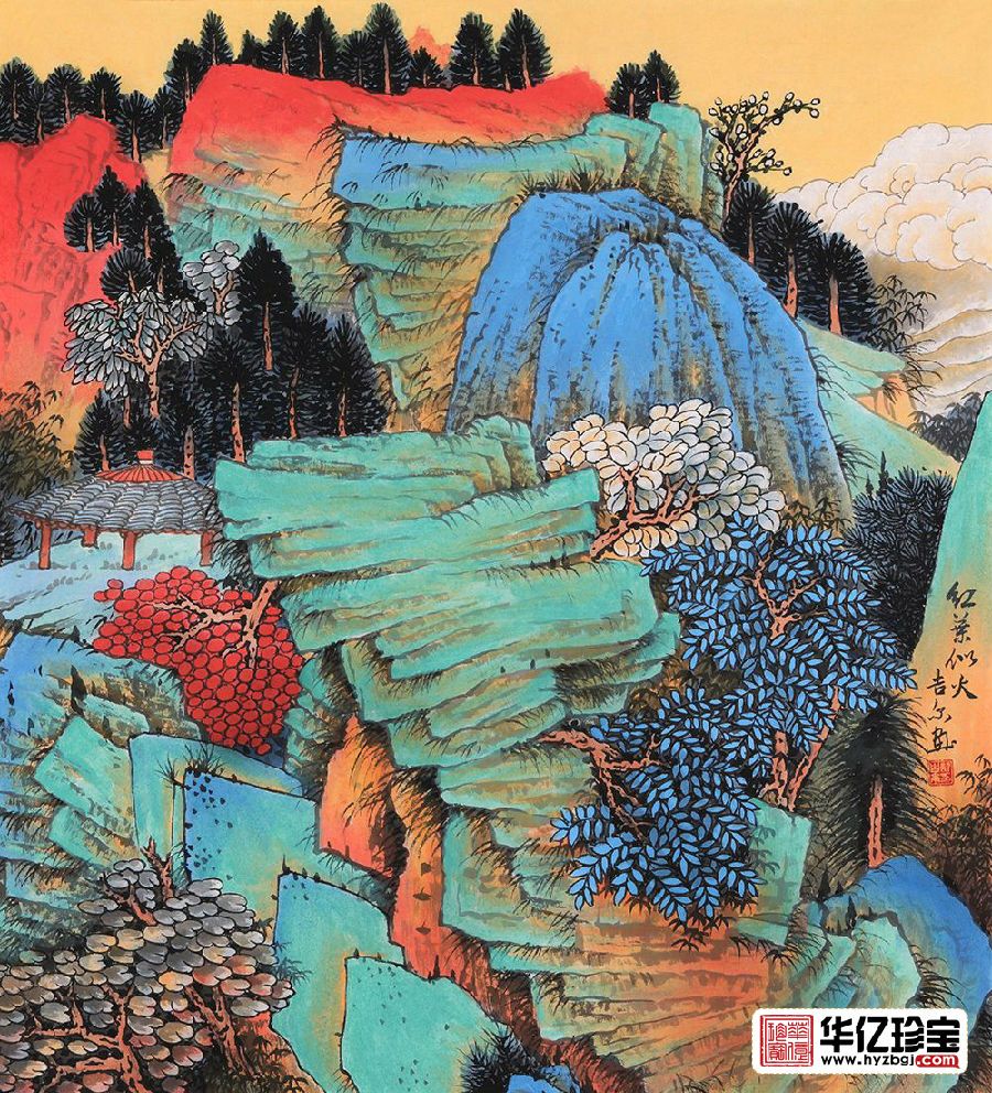 精美小品画 许吉尔斗方工笔重彩画《红叶似火》
