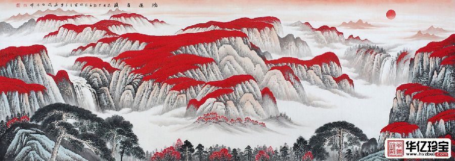 气派客厅挂画 李林宏吉利红山水画作品《鸿运当头》
