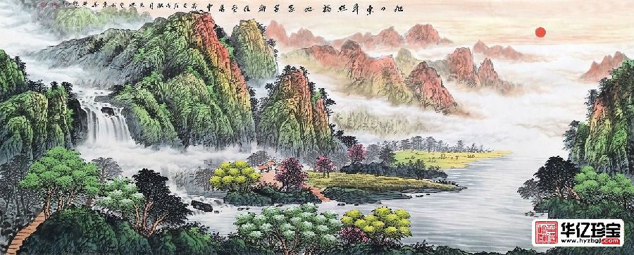 客厅东墙挂画 易天也《旭日东升照福地 家家都住画屏中》