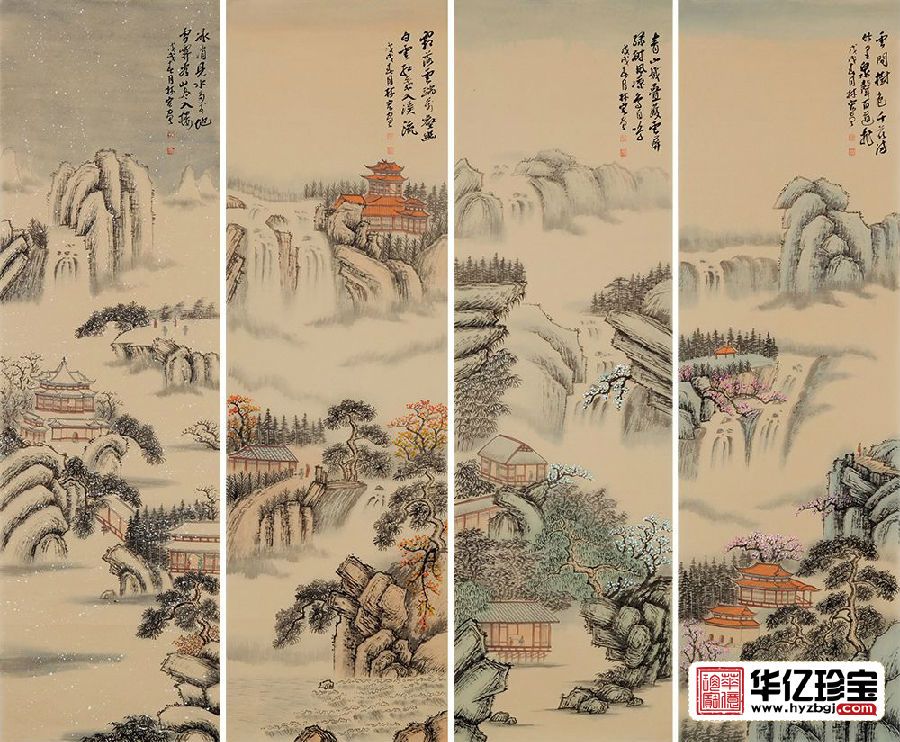 仿古山水四条屏 李林宏佳作《春夏秋冬》