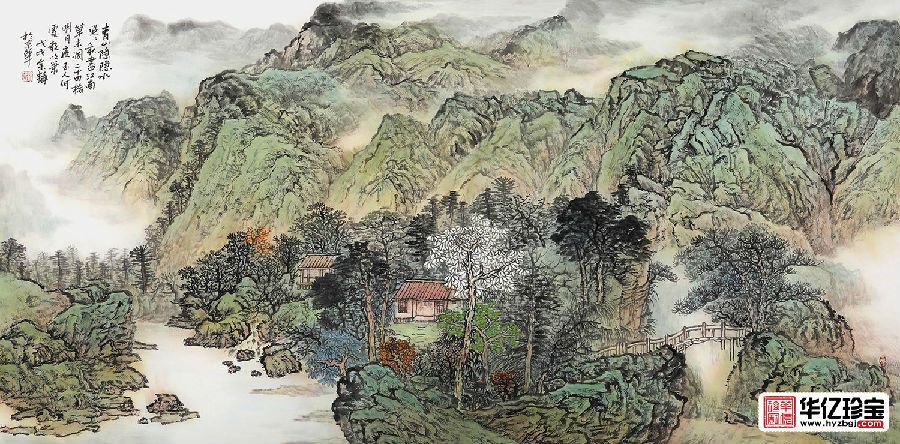 沙发背景墙挂画 余静青绿国画《青山隐隐水迢迢》