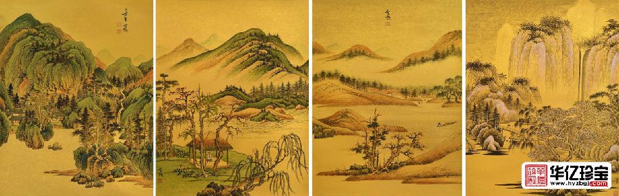 山水画四条屏 魏金岭国画作品《春夏秋冬》