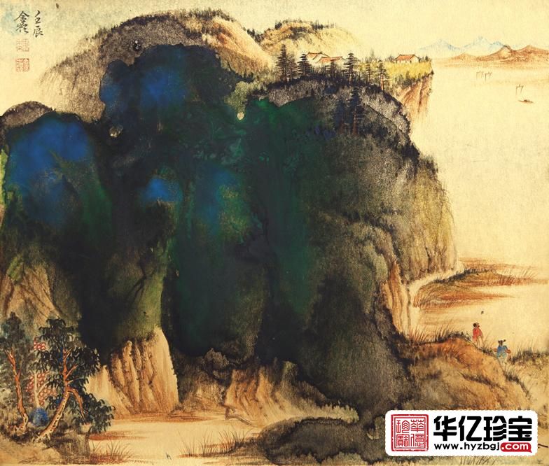 魏金岭小尺竖幅山水画作品《金笺山水画系列之四》