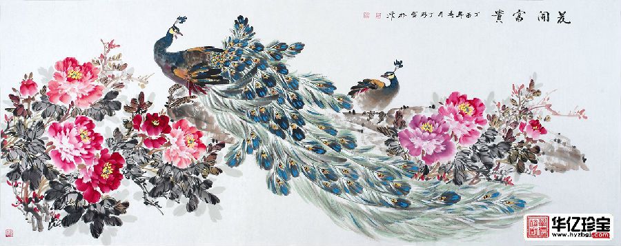 实力派花鸟画家丁珂牡丹孔雀图《花开富贵》