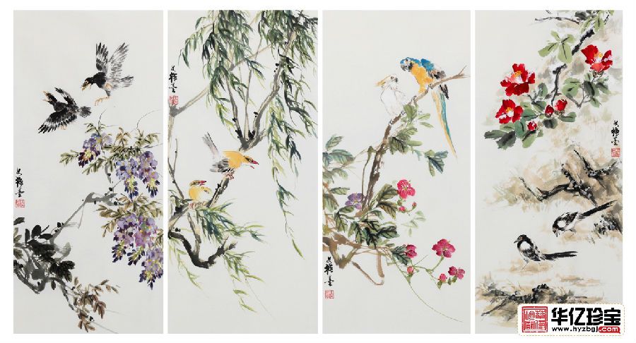 家居挂画 王文强小尺寸写意花鸟画《花鸟四条屏》