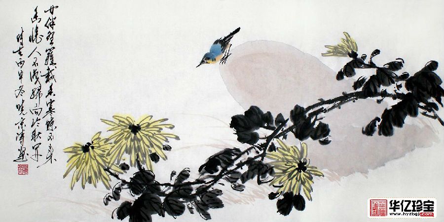 郑晓京老师ZUI新写意花鸟画作品《菊花蓝雀》