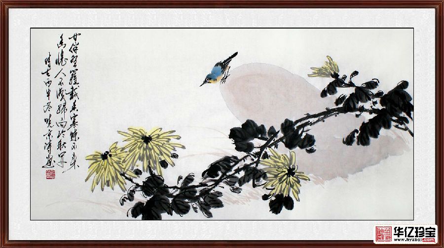 郑晓京老师ZUI新写意花鸟画作品《菊花蓝雀》