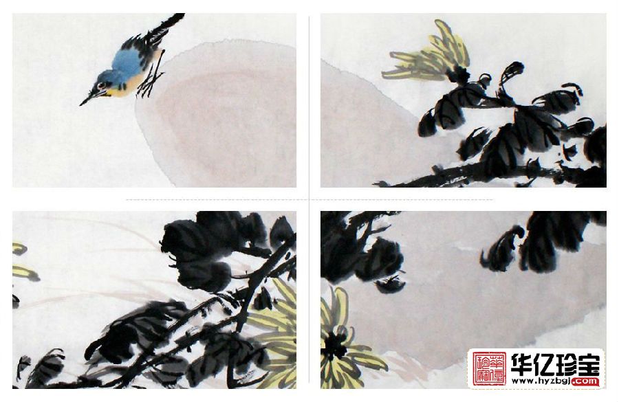 郑晓京老师ZUI新写意花鸟画作品《菊花蓝雀》