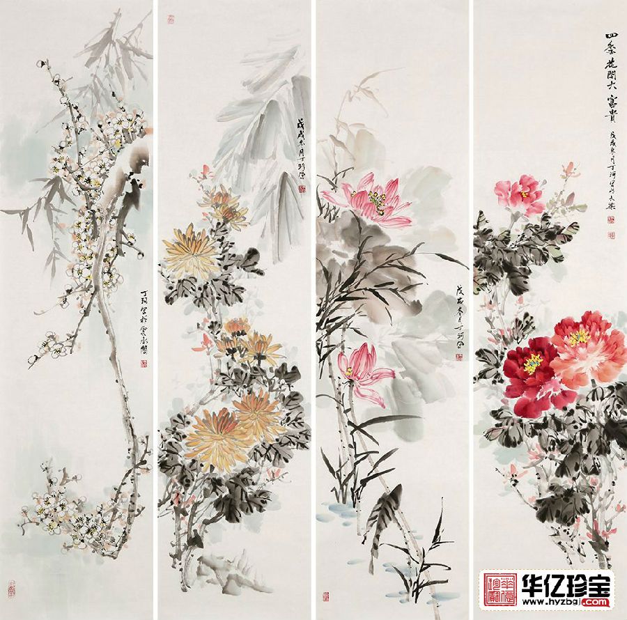 丁珂老师ZUI新力作花鸟画四条屏《四季花开大富贵》