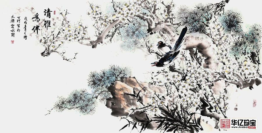 丁珂四尺横幅喜鹊、梅花、松树作品《清雅为伴》