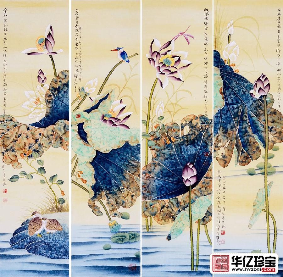 工笔重彩传人王一容国画荷花图《荷花四条屏》