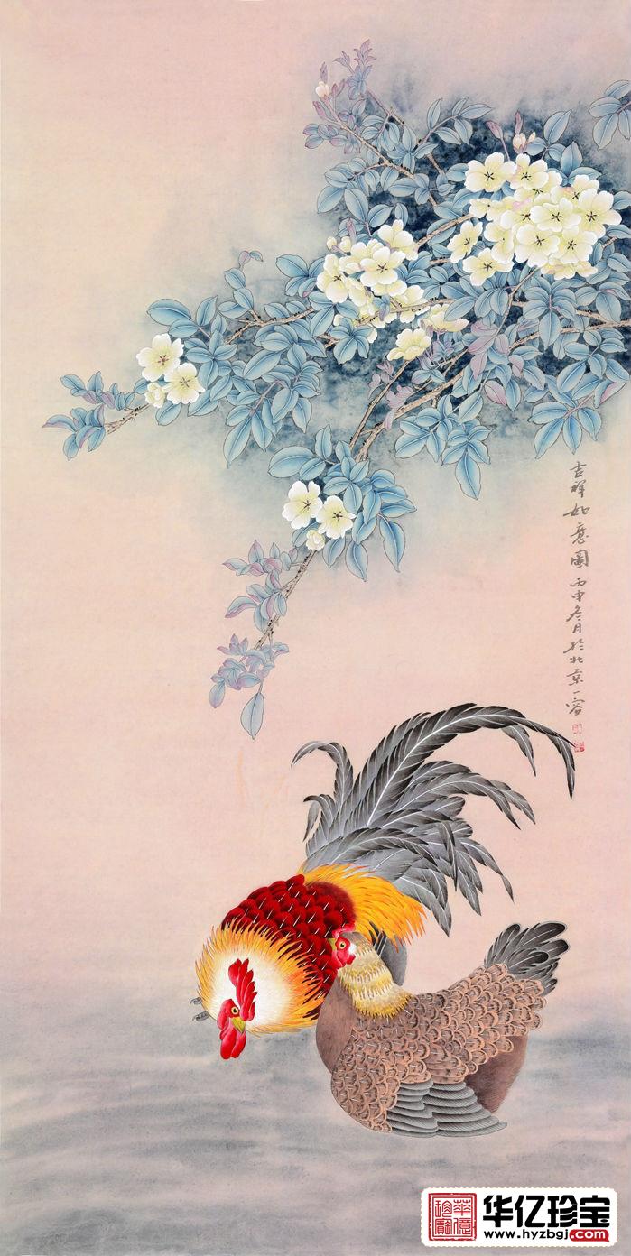 玄关挂画 画家王一容竖幅公鸡作品《吉祥如意图》