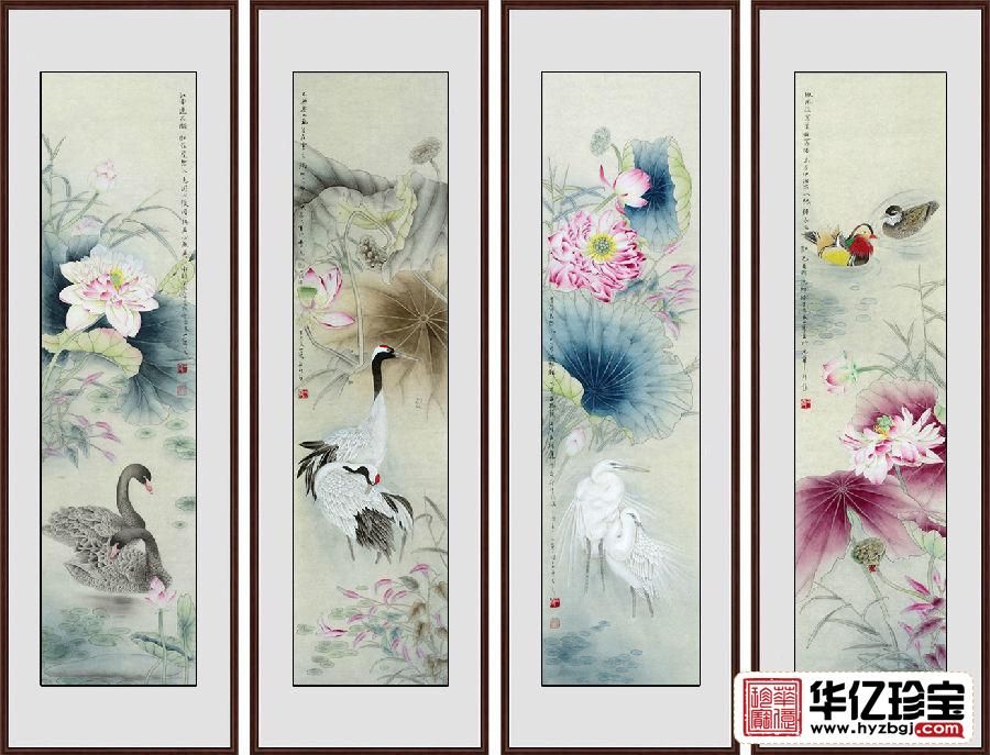 实力派画家王一容新品国画荷花图《花鸟四条屏》